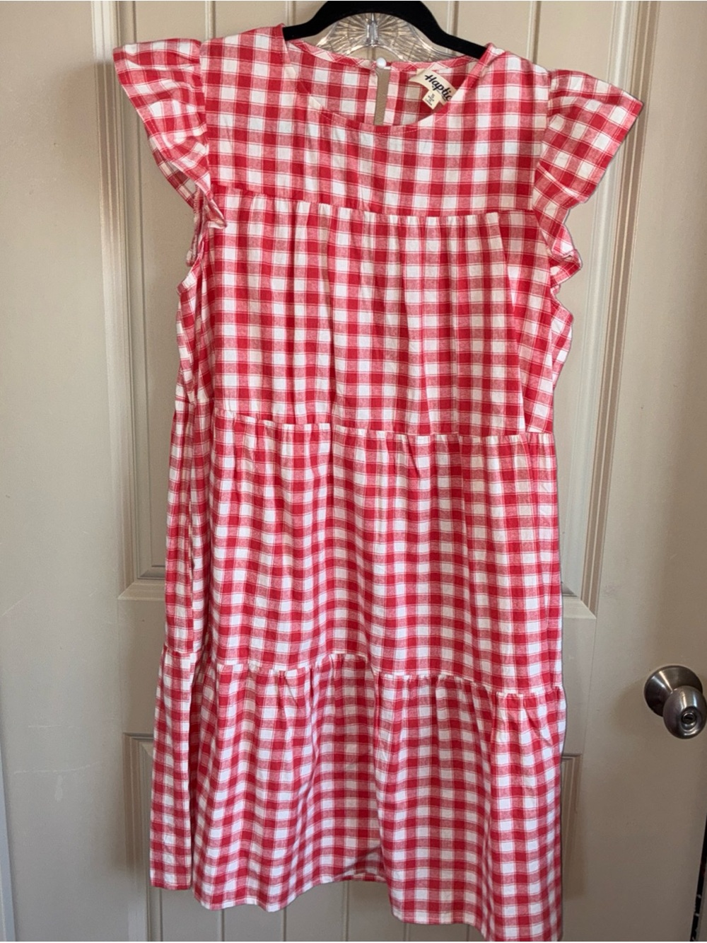 Gingham Tiered Midi Dress with Flutter Shoulders - Pink & White